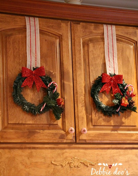 Dollar store Christmas wreaths in the kitchen - Debbiedoos