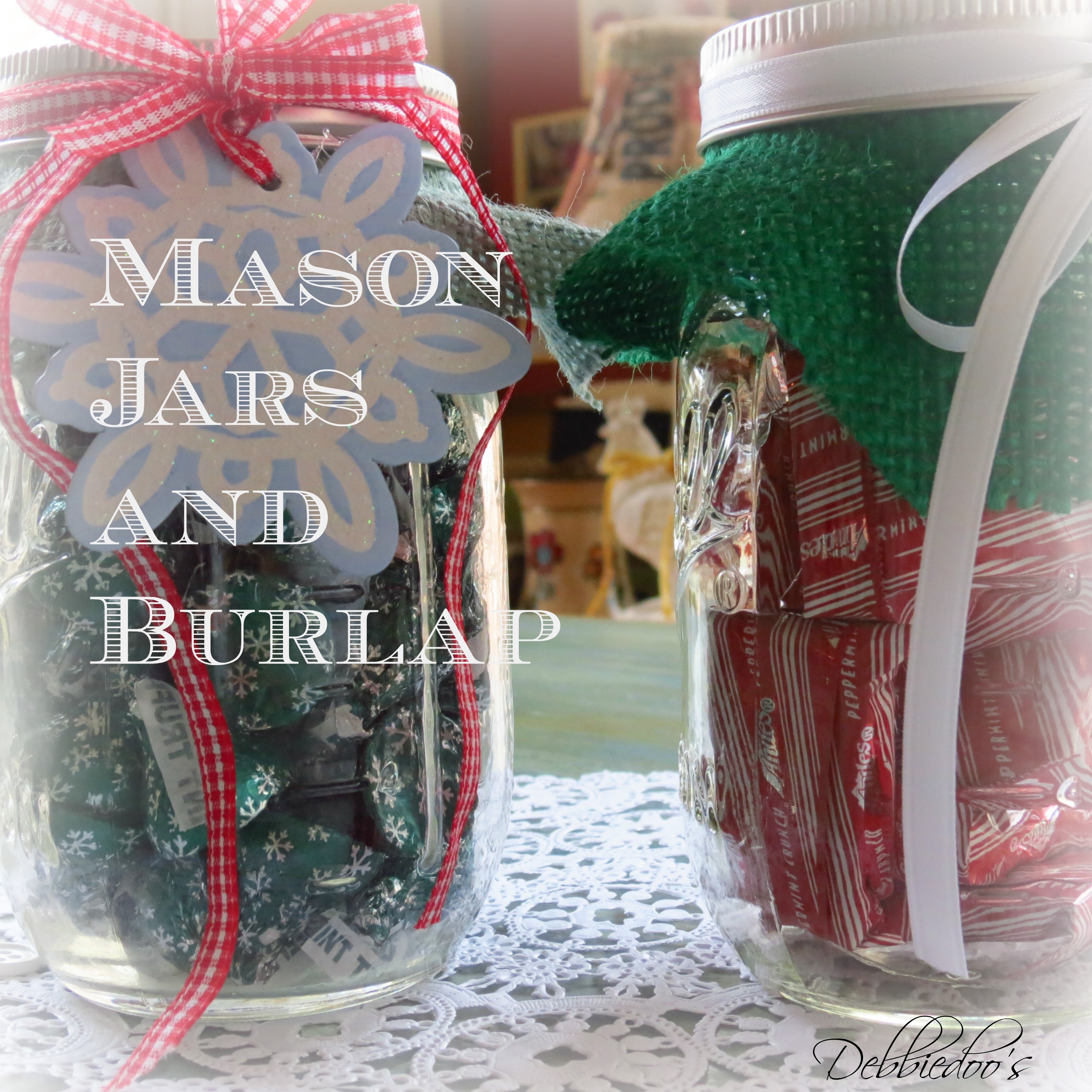 Mason jars, burlap and Dollar tree gift tags Debbiedoo's